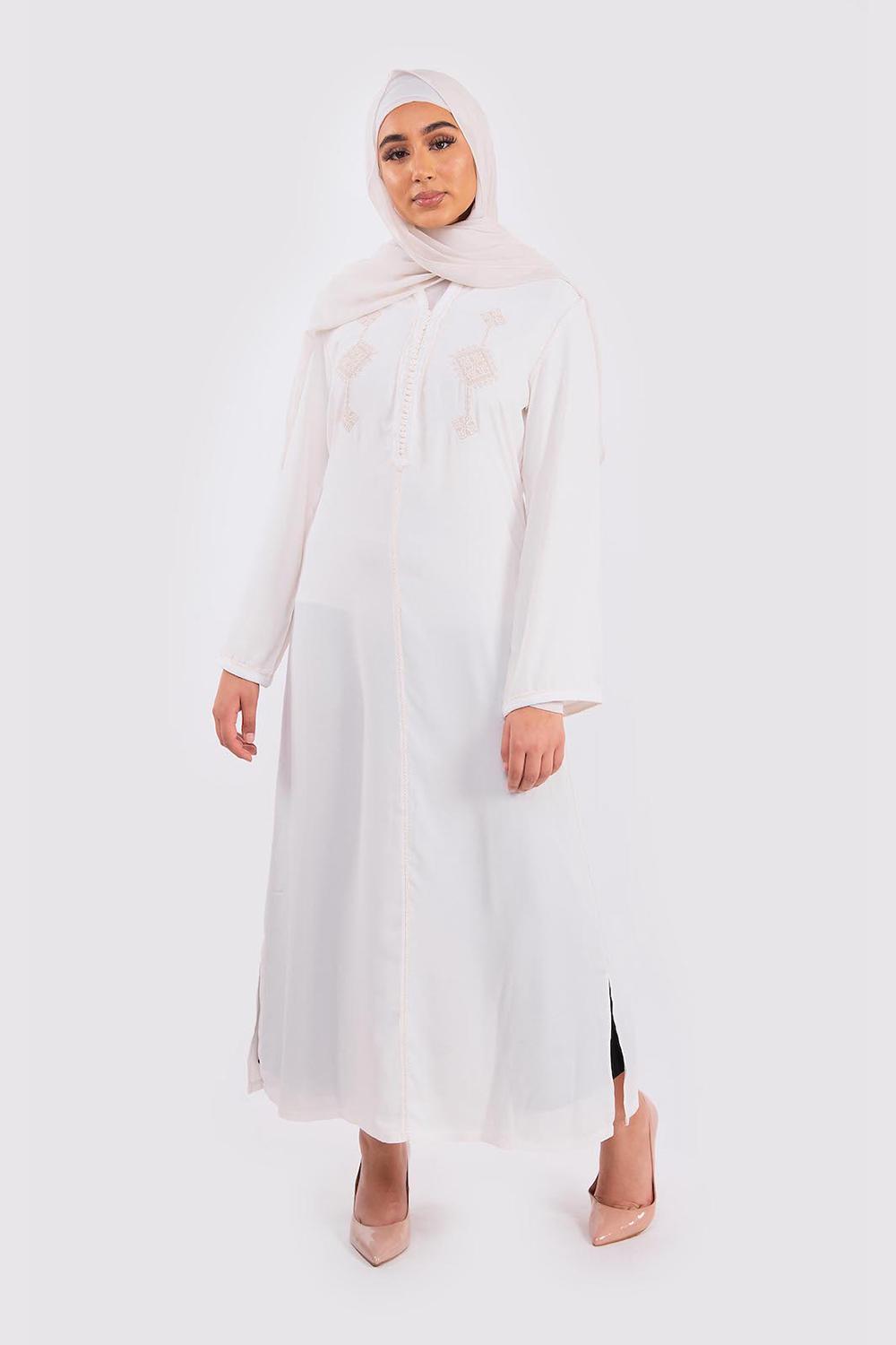 Djellaba Ouarda Hooded Embroidered Maxi Dress Kaftan in Ecru