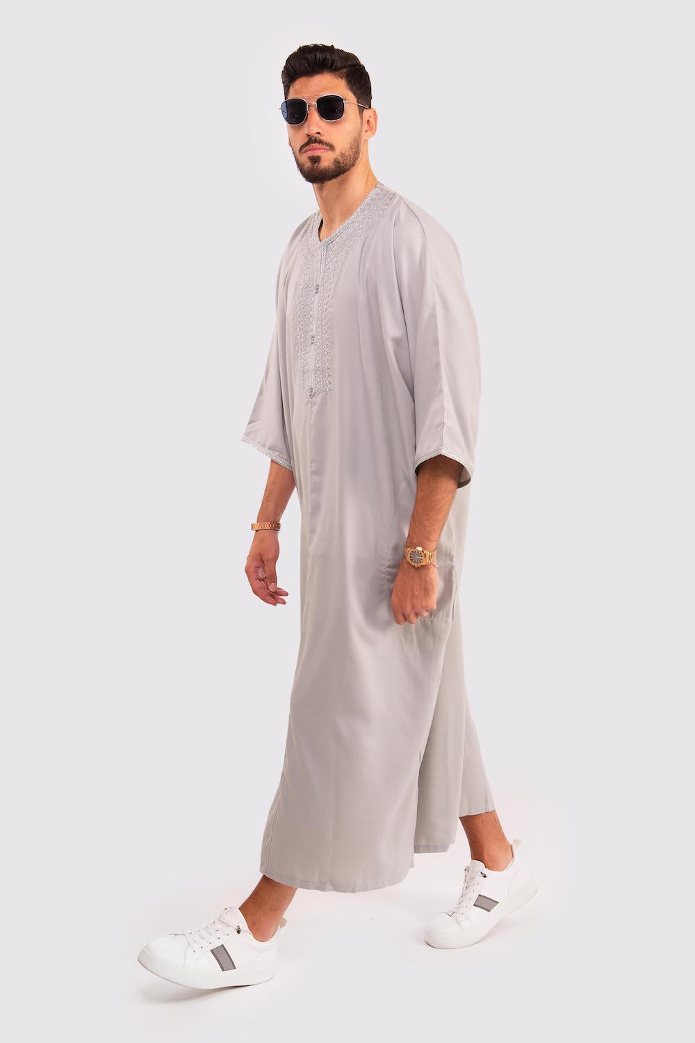 Gandoura Rais Men's Long Gandoura Robe Long Sleeve Thobe in Grey