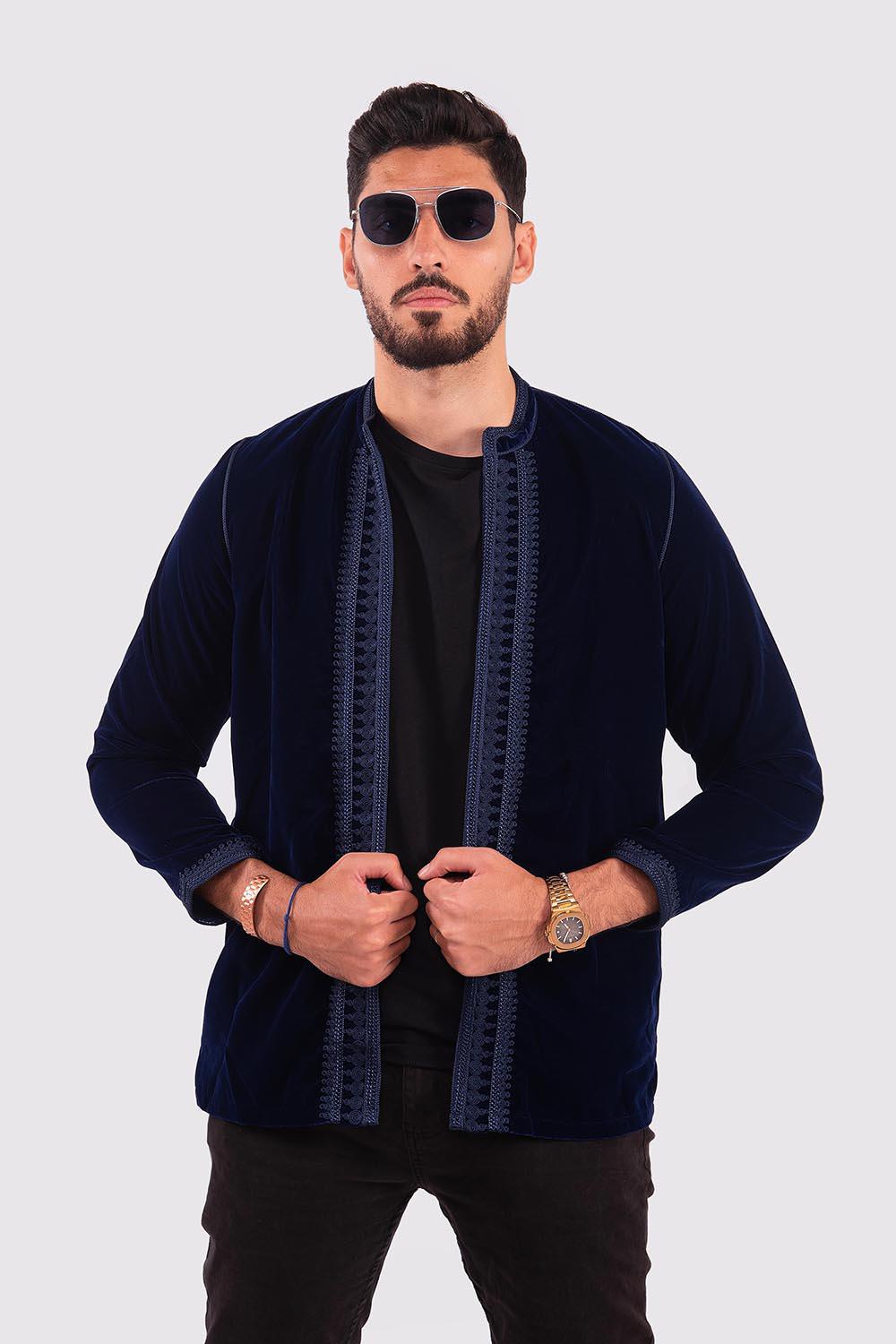 Bahar Men's Velour Embroidered Long Sleeve Jacket in Marine