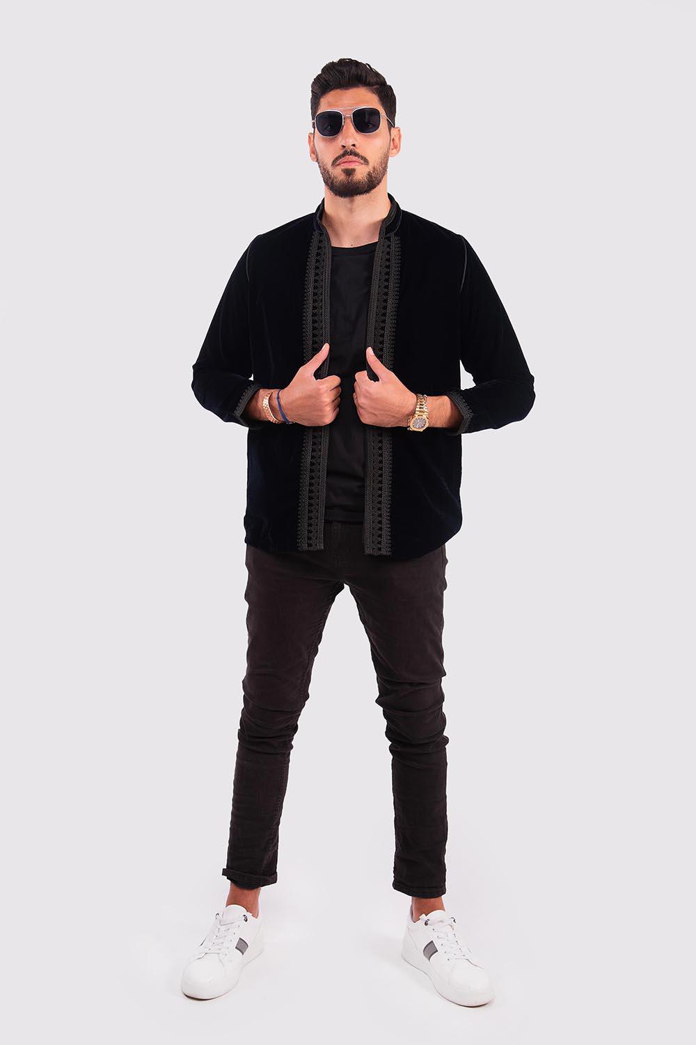 Bahar Men's Velour Embroidered Long Sleeve Jacket in Black