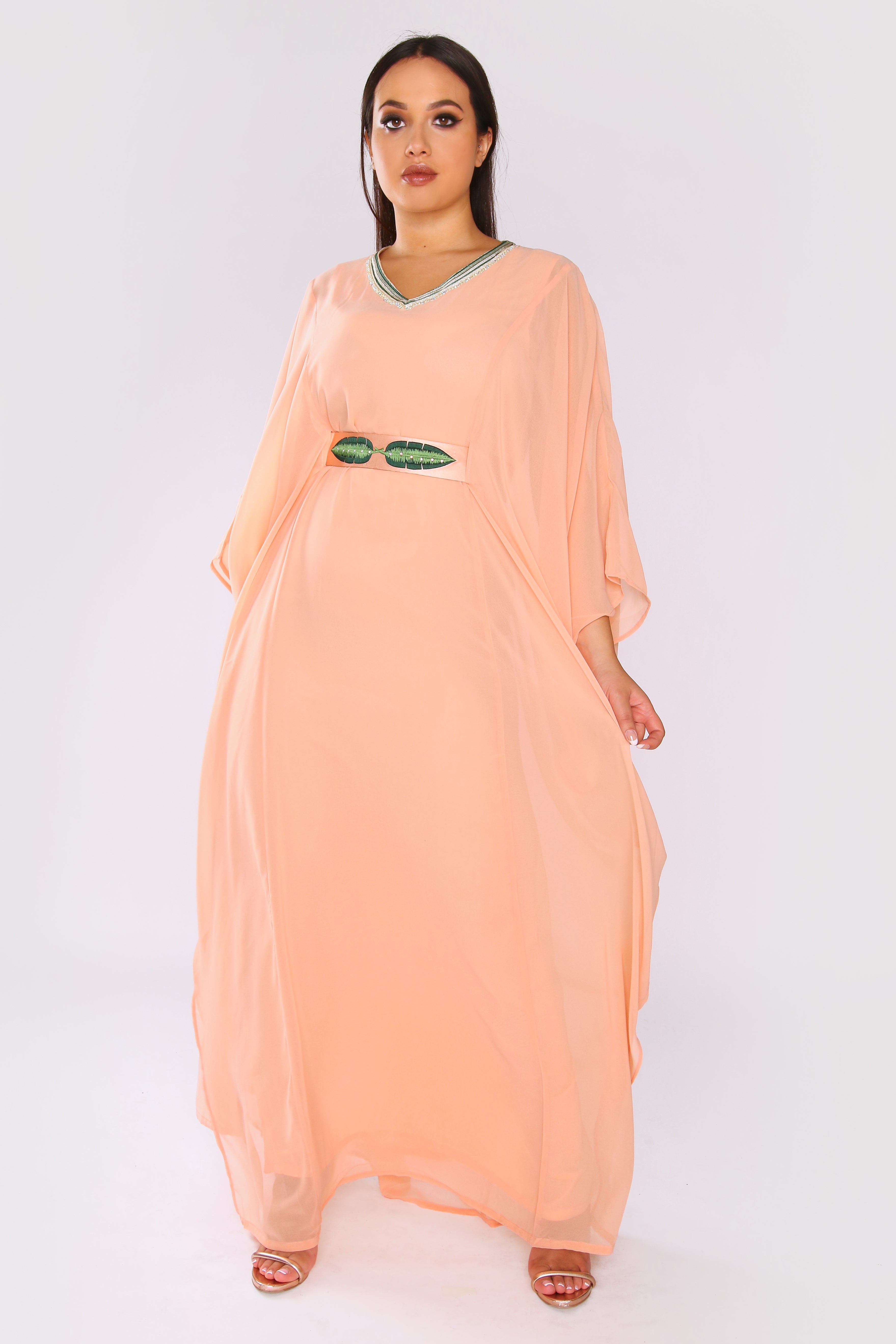 Kaftan Olga Long Sleeve V-Neck Lightweight Maxi Dress in Salmon