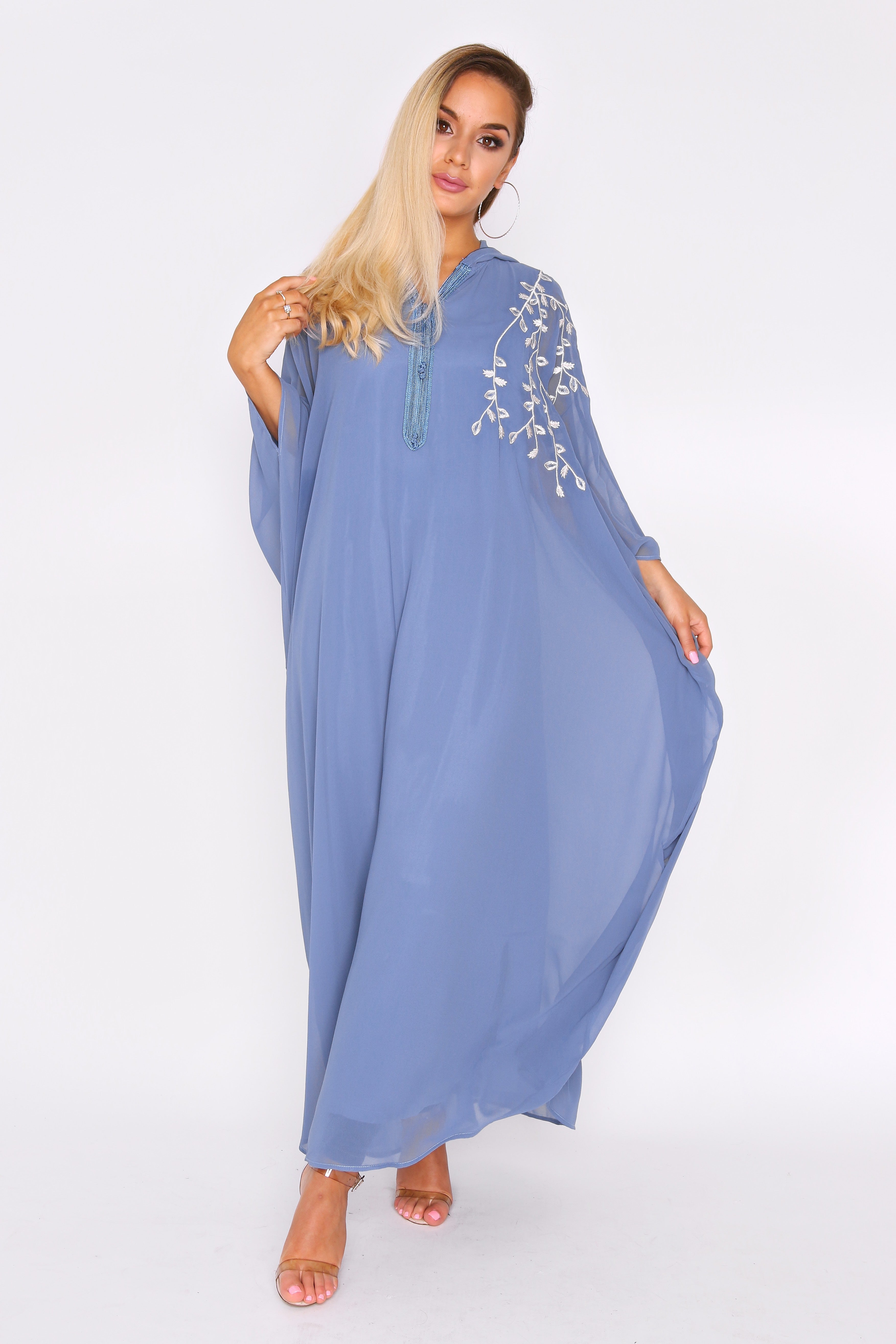Djellaba Natalie Embroidered Long Sleeve Lightweight Hooded Maxi Dress in Blue