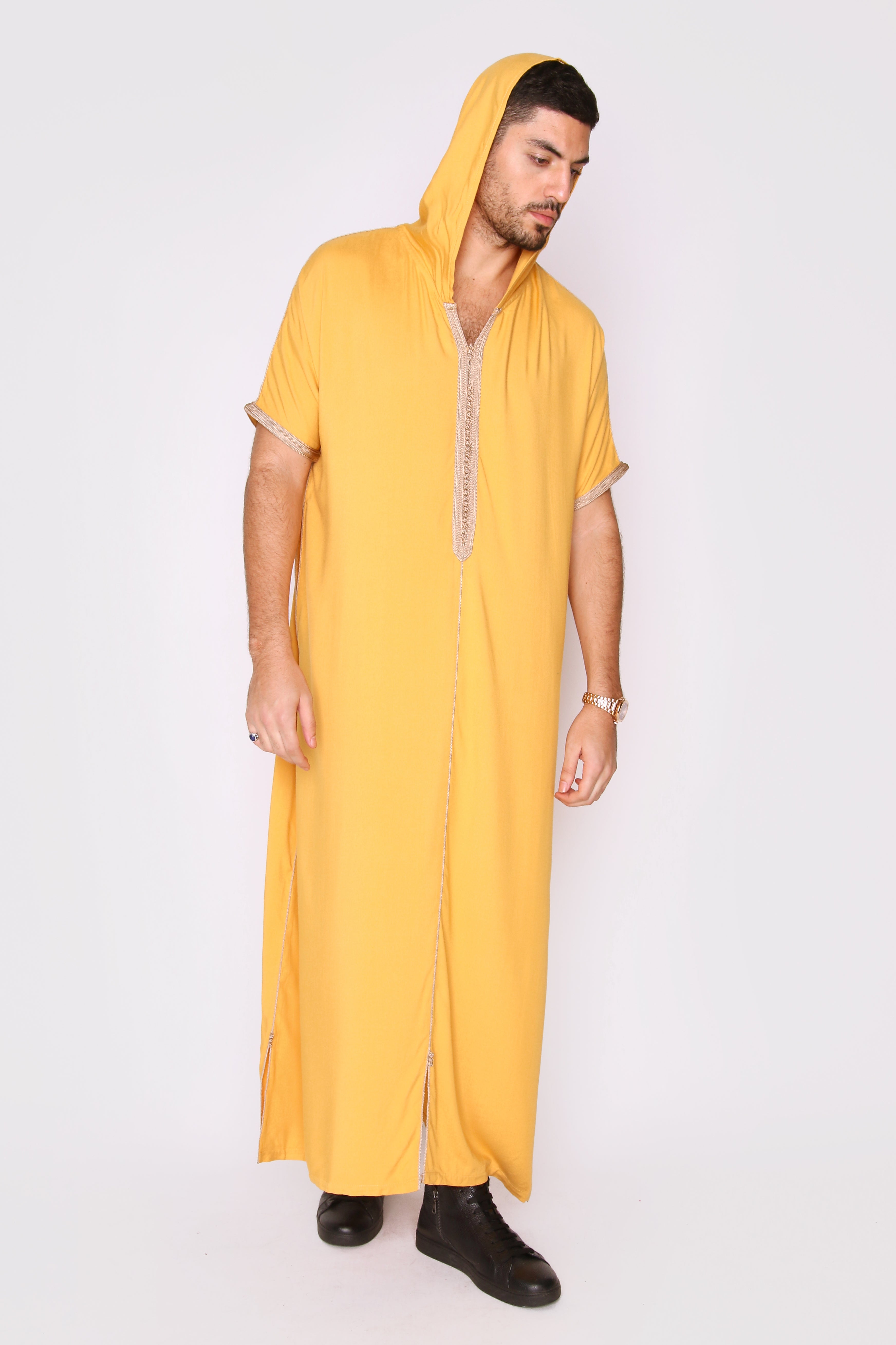 Gandoura Vanity Men's Hooded Short Sleeve Full-Length Robe Thobe in Mustard