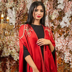 Cleopatre Embroidered Shoulder Longline Cape Jacket in Red Dahlia