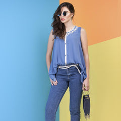 Selena Sleeveless Embroidered V-Neck Longline Assymetric Hem Lightweight Top in Blue