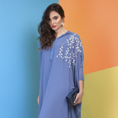 Djellaba Natalie Embroidered Long Sleeve Lightweight Hooded Maxi Dress in Blue