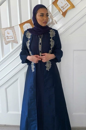 Kaftan Dahlia Cropped Flute Sleeve Embroidered Maxi Dress Gandoura in Blue