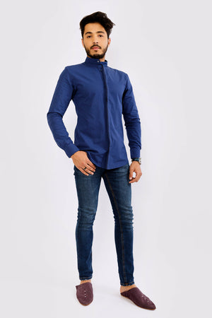 Calif Men's Long Sleeve Mandarin Collar Shirt in Marine Blue