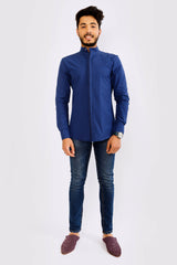Calif Men's Long Sleeve Mandarin Collar Shirt in Marine Blue