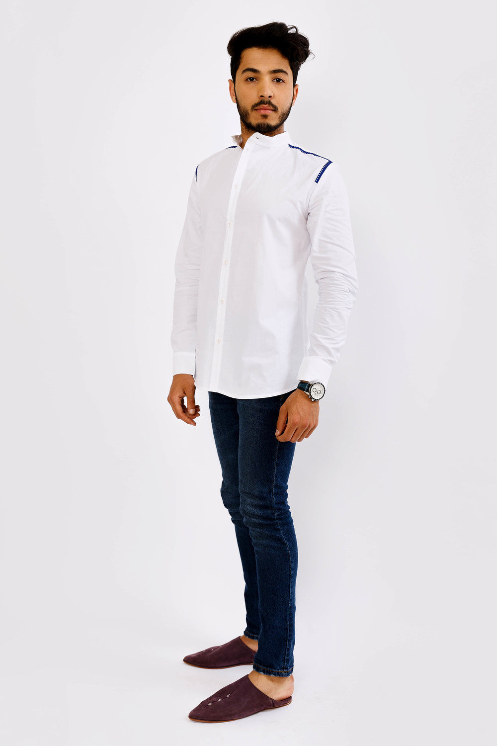 Ghani Men's Long Sleeve Mandarin Collar Shirt in White