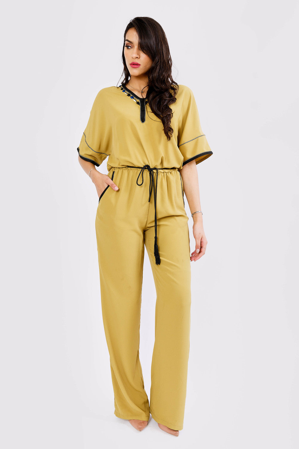 Amira Cropped Sleeve Embroidered Full-Length Jumpsuit in Lime