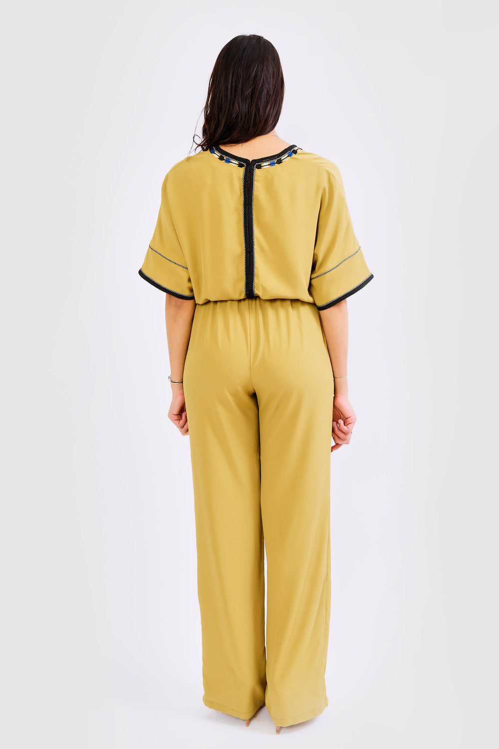 Amira Cropped Sleeve Embroidered Full-Length Jumpsuit in Lime
