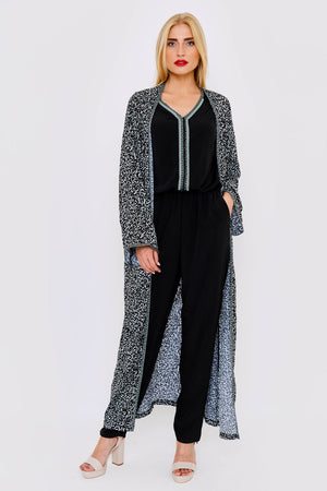 Bella Sleeveless Modest Jumpsuit and Coordinating Duster Jacket Set in Black & Print