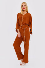 Fairouz Cropped Sleeve V Neck Modest Jumpsuit with Belt in Brown