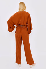 Fairouz Cropped Sleeve V Neck Modest Jumpsuit with Belt in Brown