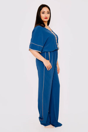 Maisson Cropped Sleeve V Neck Embroidered Full-Length Jumpsuit