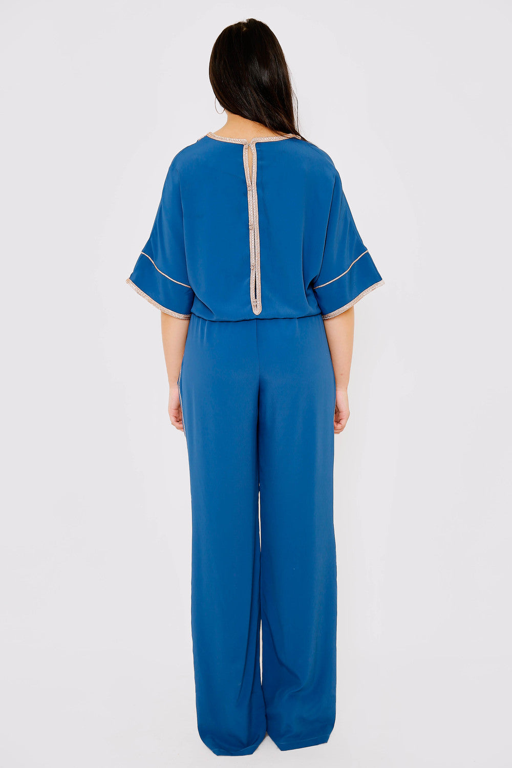 Maisson Cropped Sleeve V Neck Embroidered Full-Length Jumpsuit