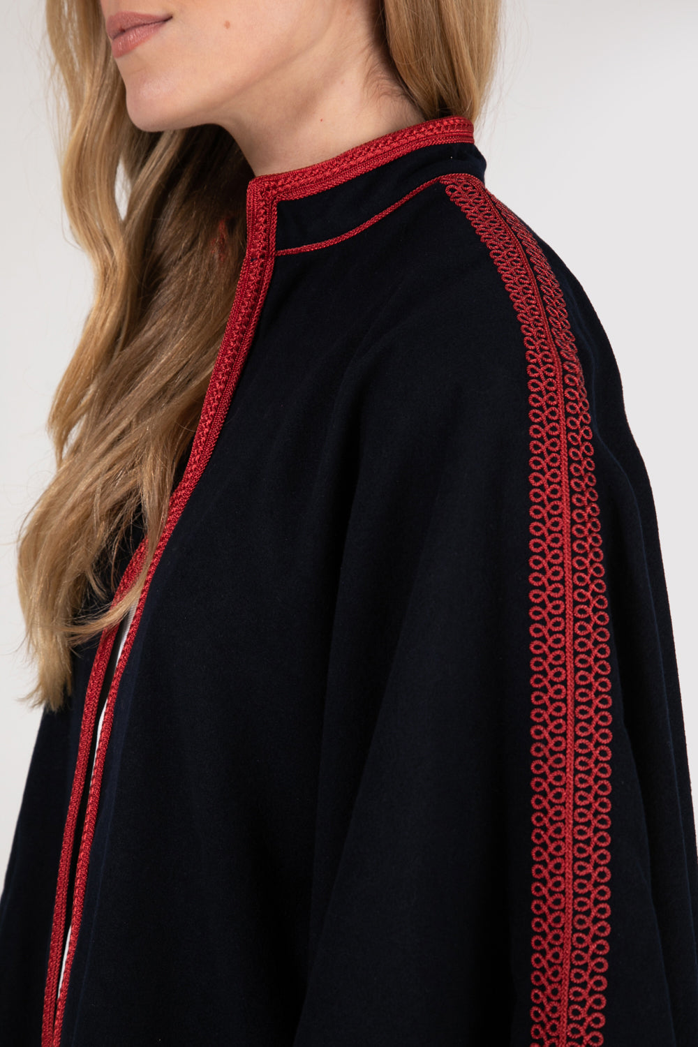 Noha Contrast Embroidery Longline Cape Jacket in Blue and Red
