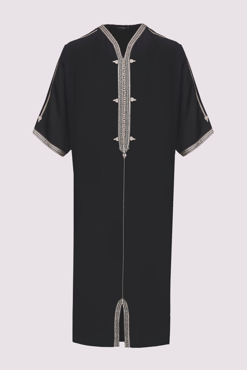 Gandoura Faiz Embroidered Collarless Short Sleeve Men's Cropped Robe Thobe in Black