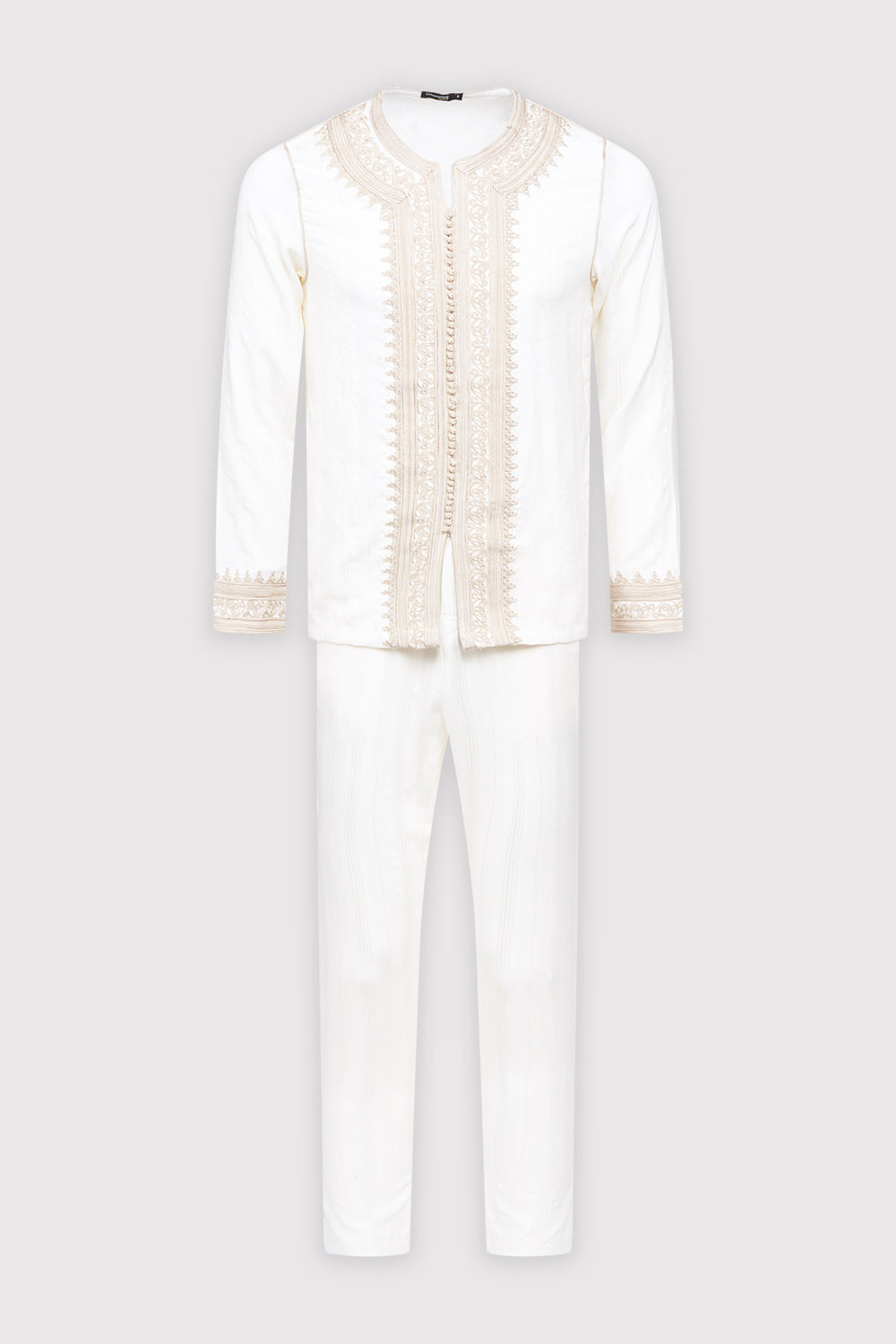 Jabador Nouh Embroidered Collarless Long Sleeve Tunic Top and Trousers Men's Co-Ord Set in Striped White