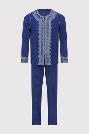 Jabador Nouh Embroidered Collarless Long Sleeve Tunic Top and Trousers Men's Co-Ord Set in Striped Marine