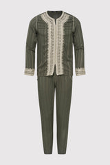 Jabador Nouh Embroidered Collarless Long Sleeve Tunic Top and Trousers Men's Co-Ord Set in Striped Green