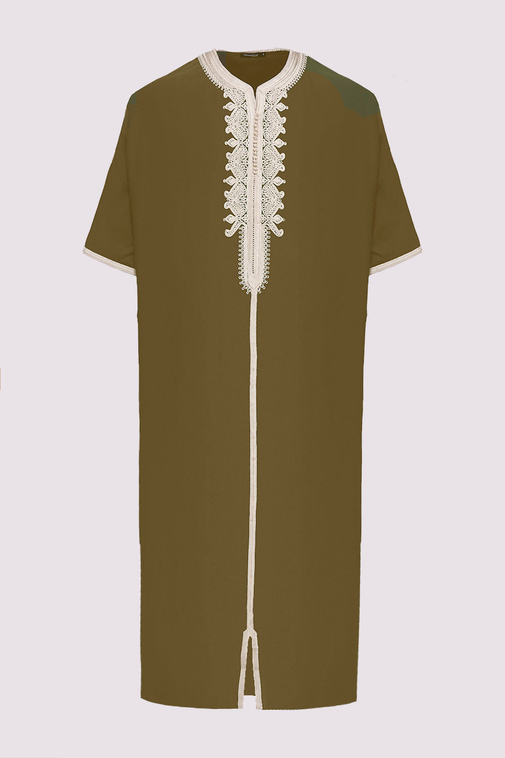Gandoura Hamza Embroidered Short Sleeve Men's Long Robe Thobe in Khaki