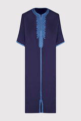 Gandoura Hamza Embroidered Short Sleeve Men's Long Robe Thobe in Marine Blue