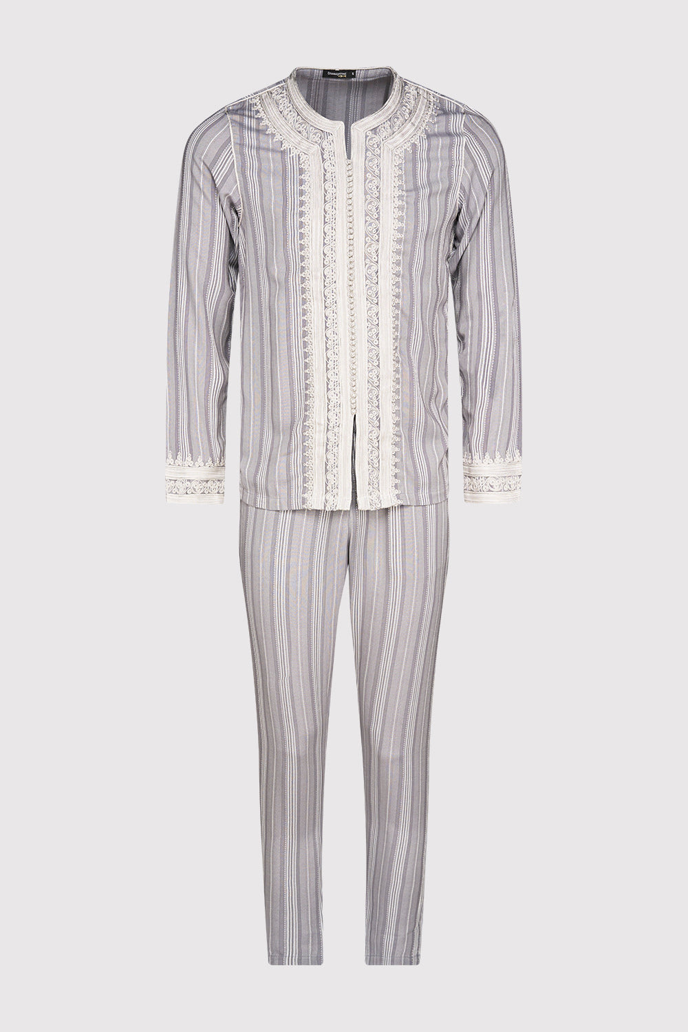 Jabador Nouh Embroidered Collarless Long Sleeve Tunic Top and Trousers Men's Co-Ord Set in Striped Grey