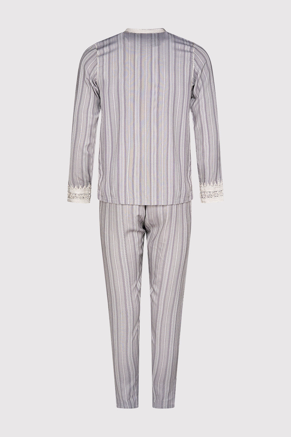 Jabador Nouh Embroidered Collarless Long Sleeve Tunic Top and Trousers Men's Co-Ord Set in Striped Grey