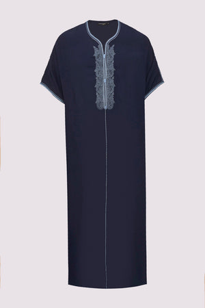 Gandoura Anwar Men's Long Robe Short Sleeve Casual Thobe in Dark Blue