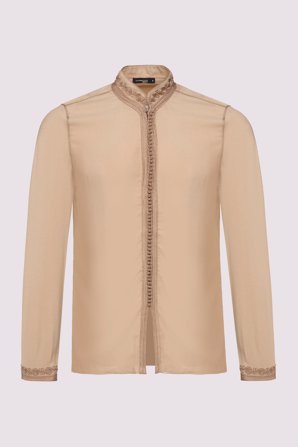 Firass Long Sleeve Men's Button-Up Embroidered Tunic Shirt in Beige