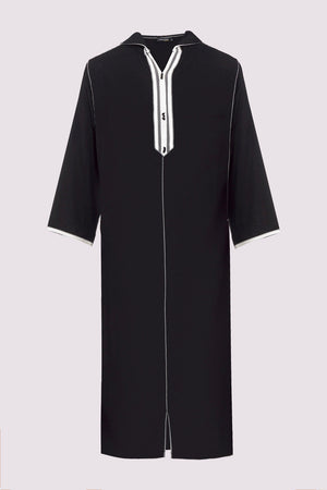 Djellaba Wael Men's Long Sleeve Full-Length Embroidered Hooded Robe Thobe in Black