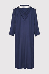 Djellaba Wael Men's Long Sleeve Full-Length Embroidered Hooded Robe Thobe in Dark Blue