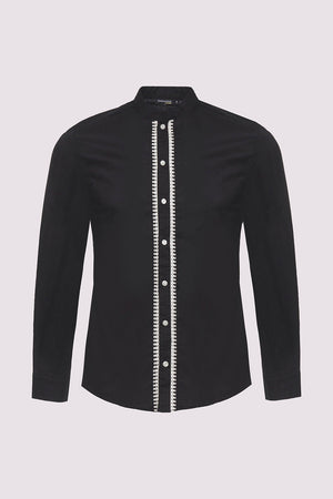 Ayman Long Sleeve Stand Up Collar Men's Button-Up Shirt in Black