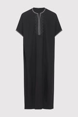 Gandoura Hassan Men's Short Sleeve Full-length Embroidered Robe Casual Thobe in Black