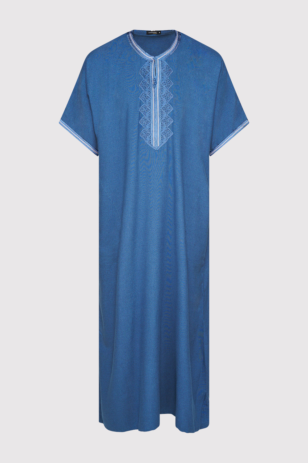 Gandoura Hassan Men's Short Sleeve Full-length Embroidered Robe Casual Thobe in Blue