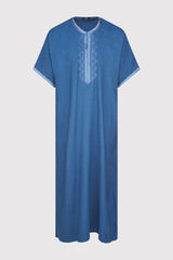 Gandoura Hassan Men's Short Sleeve Full-length Embroidered Robe Casual Thobe in Blue