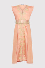 Kaftan Radia Girl's Embroidered Occasion Wear Party Sleeveless Dress and Waist Belt in Satin Salmon (2-12yrs)