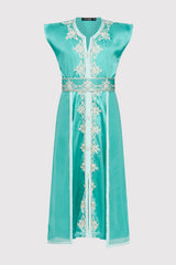 Kaftan Radia Girl's Embroidered Occasion Wear Party Sleeveless Dress and Waist Belt in Satin Light Green (2-12yrs)