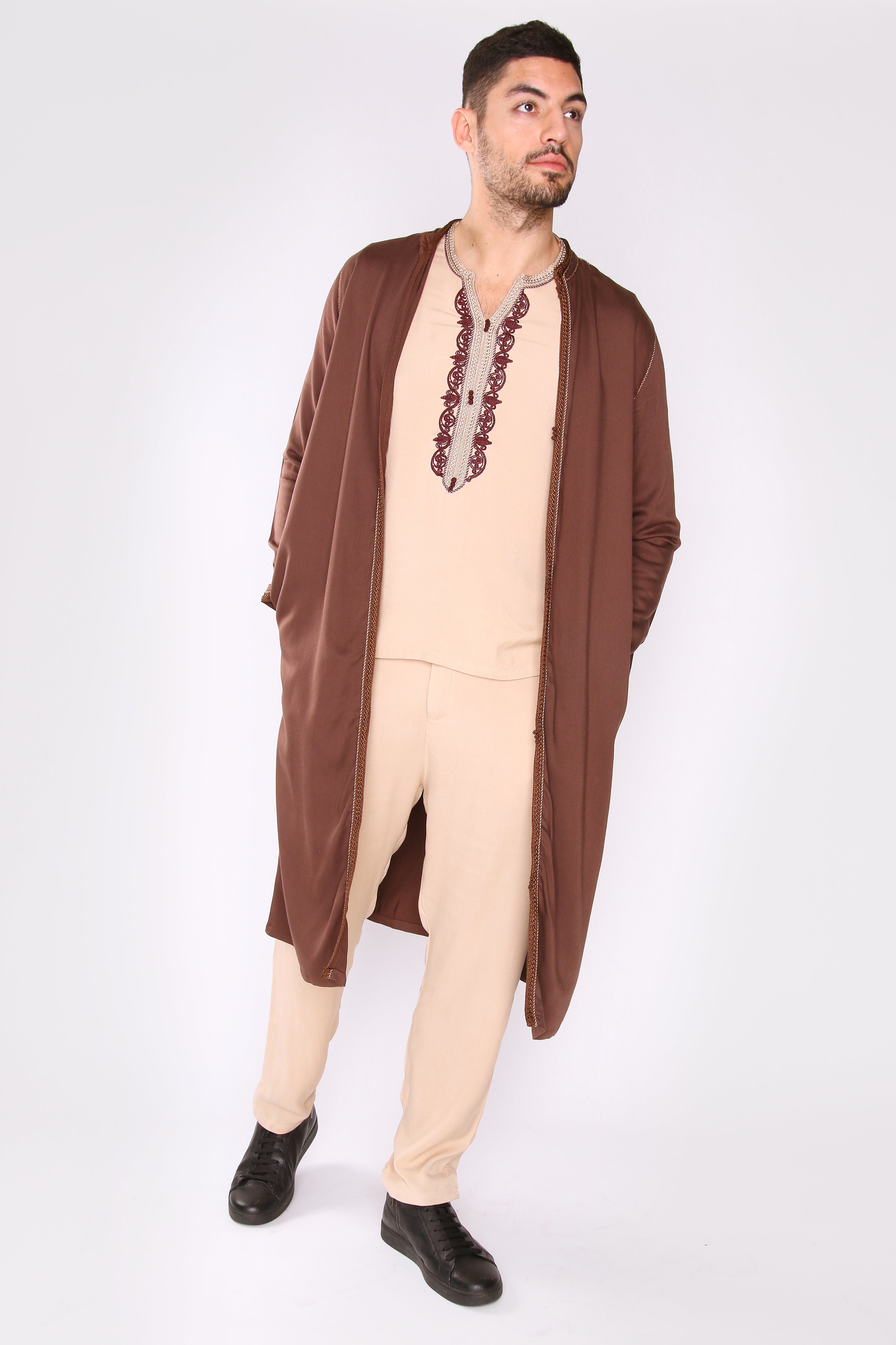 Jabador Assem Men's Tunic Top Longline Jacket and Trousers Embroidered Co-Ord Set in Brown