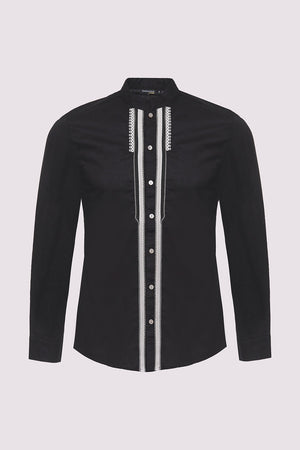 Zaher Long Sleeve Stand Up Button-Up Embroidered Men's Shirt in Black