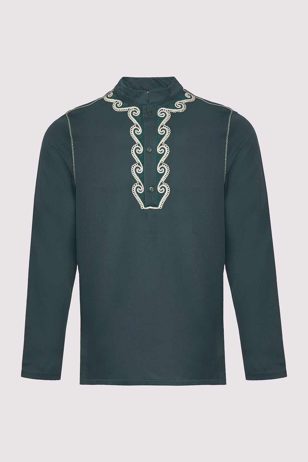 Radi Men's Long Sleeve Button-Up Embroidered Top with Stand Up Collar in Green