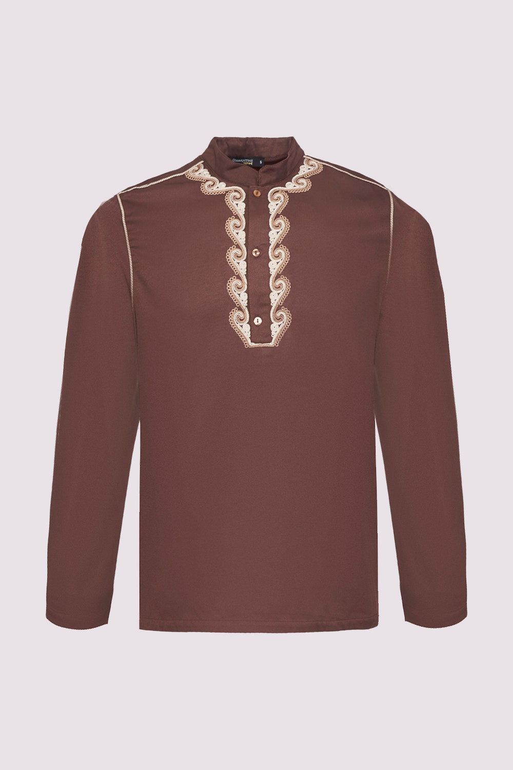Radi Men's Long Sleeve Button-Up Embroidered Top with Stand Up Collar in Brown