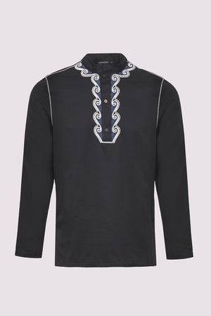 Radi Men's Long Sleeve Button-Up Embroidered Top with Stand Up Collar in Black