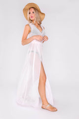 Kaftan Marianne Sleeveless V-Neck Adjustable Waist Dress with Slits Cover-Up in White