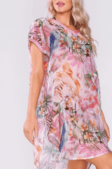 Kaftan Alyse Short Sleeve V-Neck Short Dress Cover Up in Pink Print