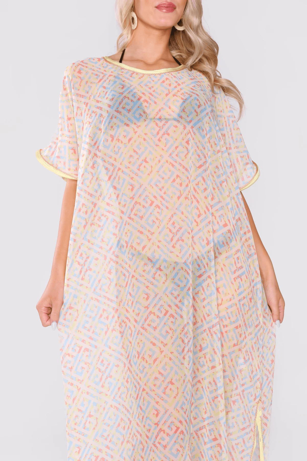 Kaftan Alison Short Sleeve Sheer Maxi Dress Cover-Up in Blue & Coral