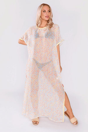 Kaftan Alison Short Sleeve Sheer Maxi Dress Cover-Up in Blue & Coral