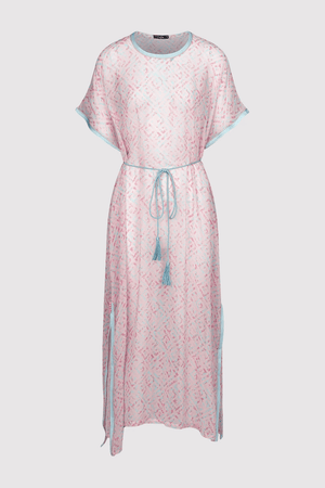 Kaftan Alison Short Sleeve Sheer Maxi Dress Cover-Up in Salmon & Sky